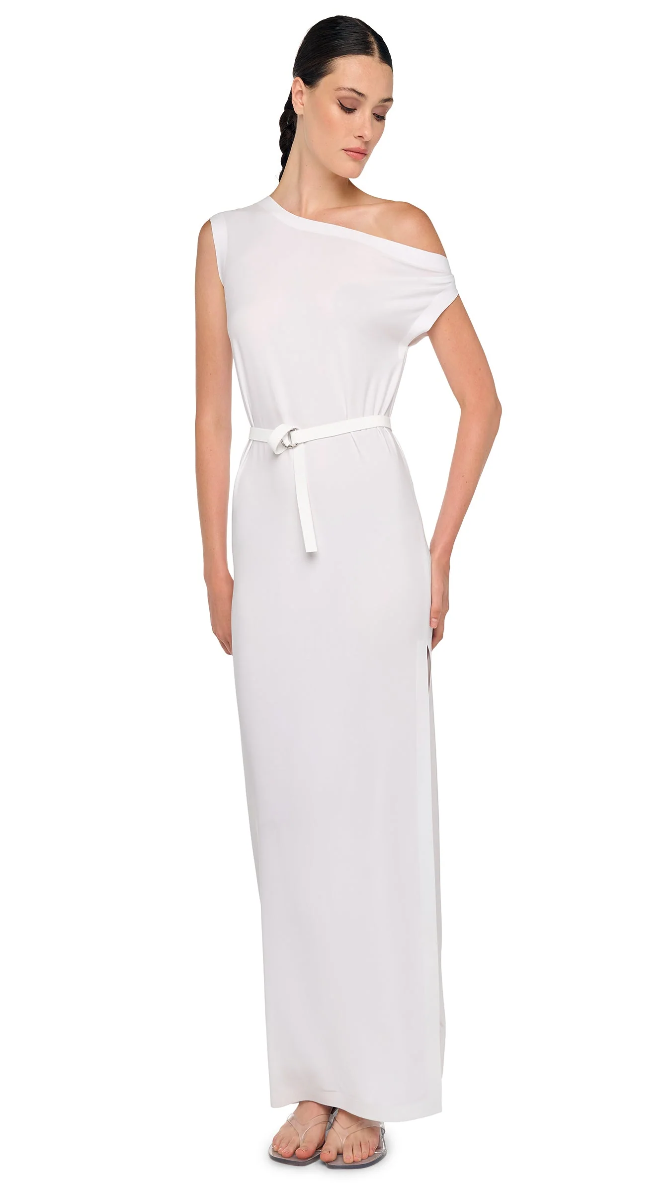 DROP SHOULDER LONG DRESS W/ SIDE SLIT