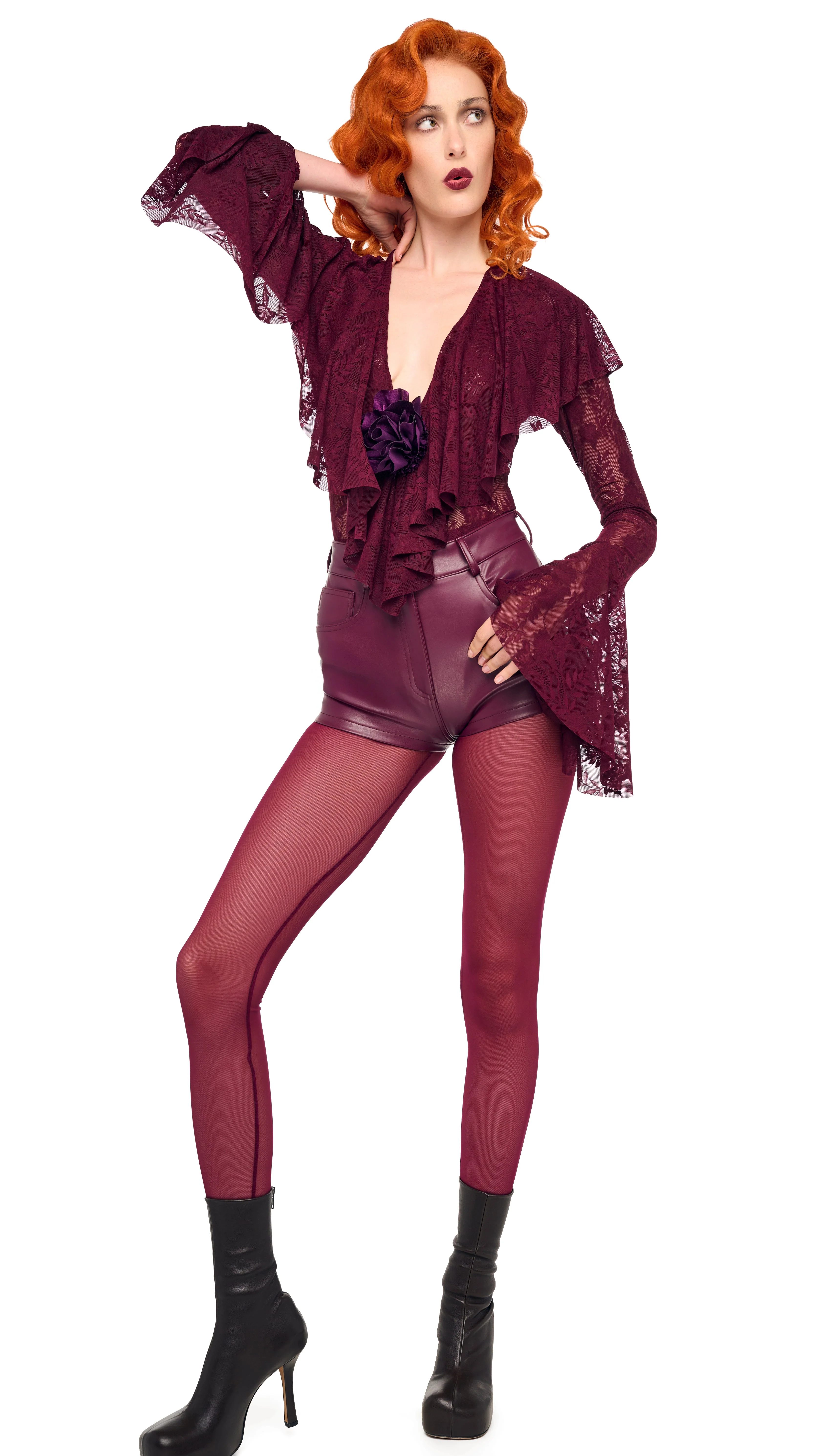 LONG SLEEVE DEEP V RUFFLE BODYSUIT