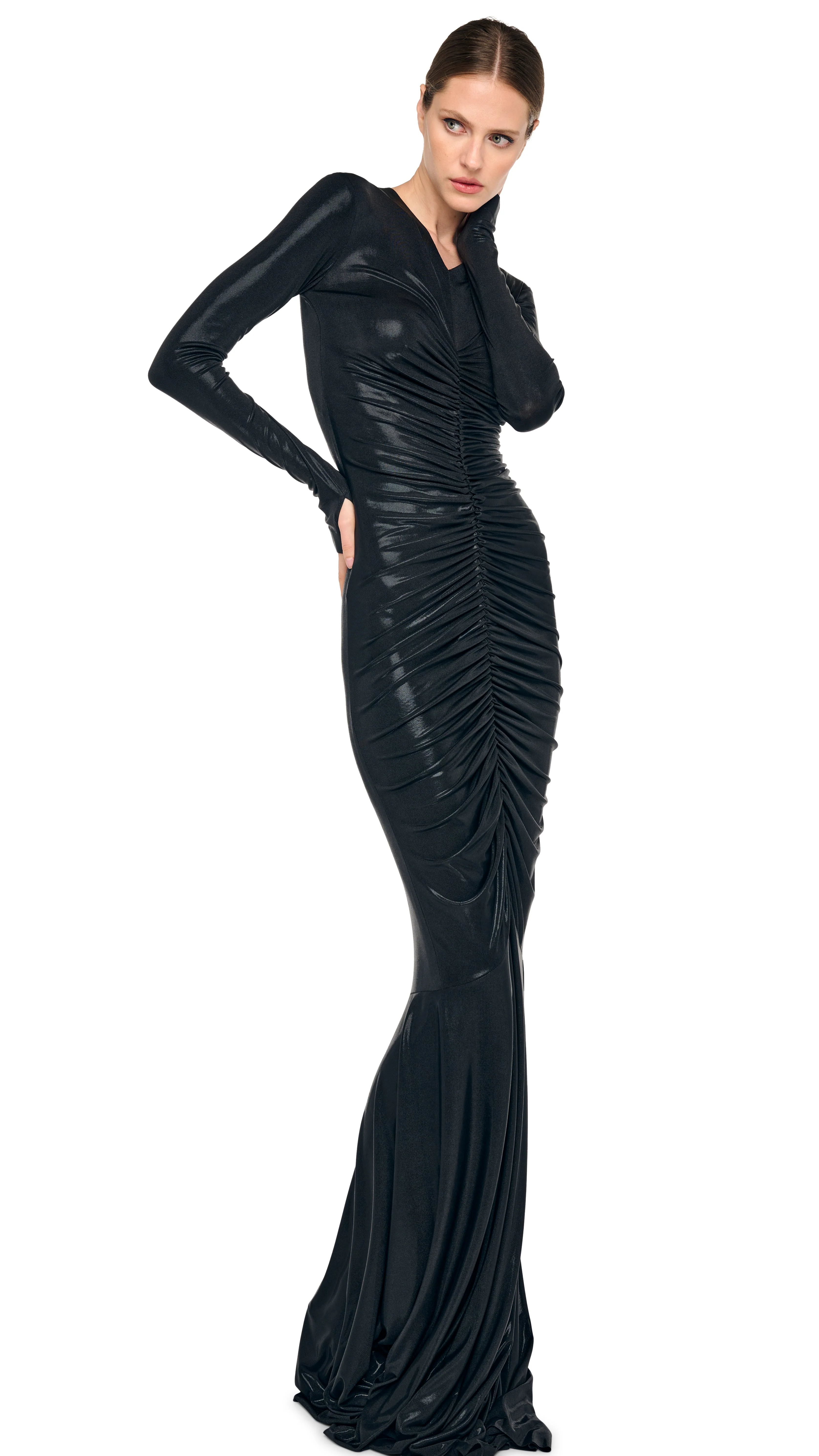 LONG SLEEVE V NECK SHIRRED FISHTAIL GOWN - Image 4