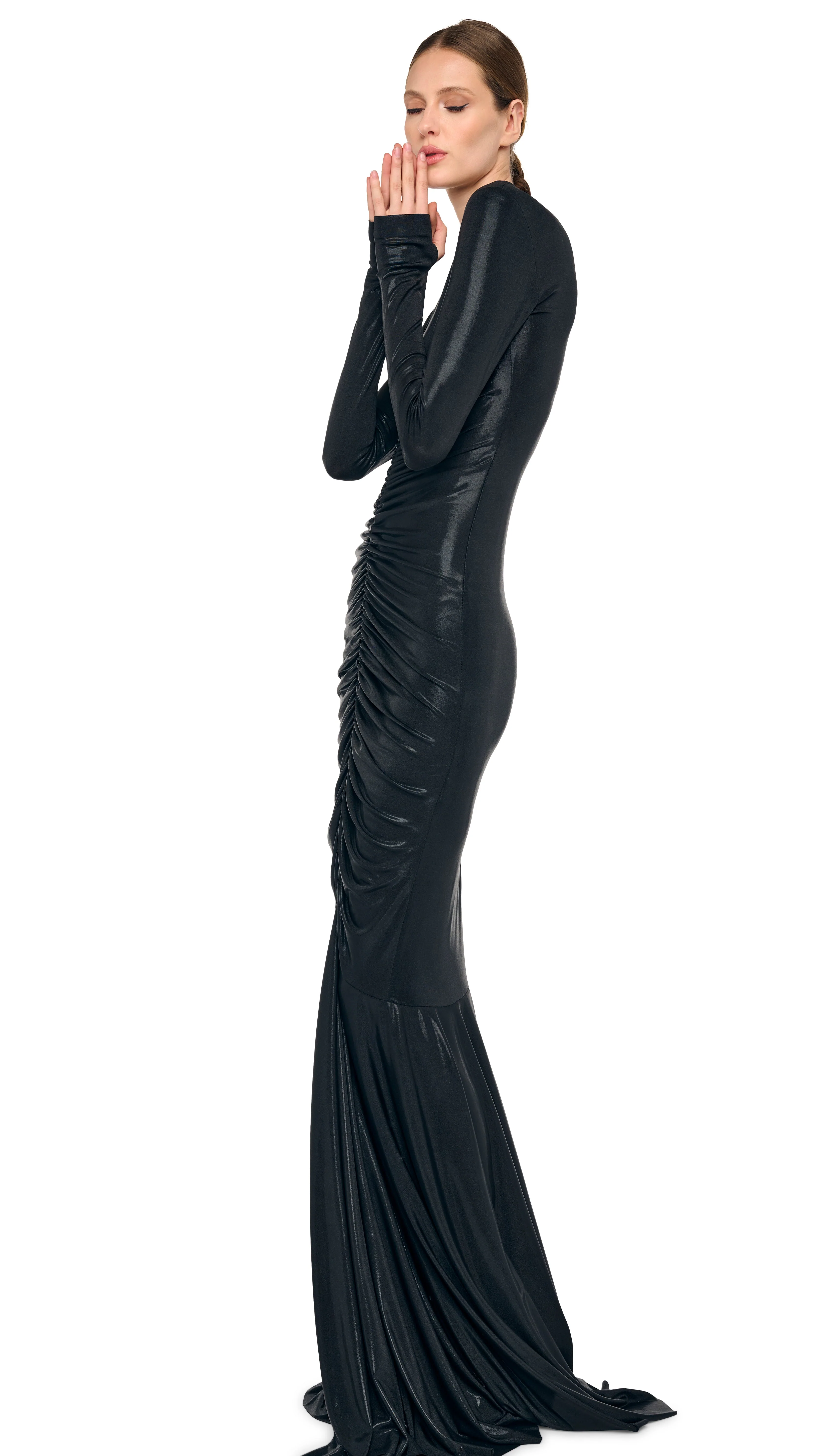 LONG SLEEVE V NECK SHIRRED FISHTAIL GOWN - Image 7