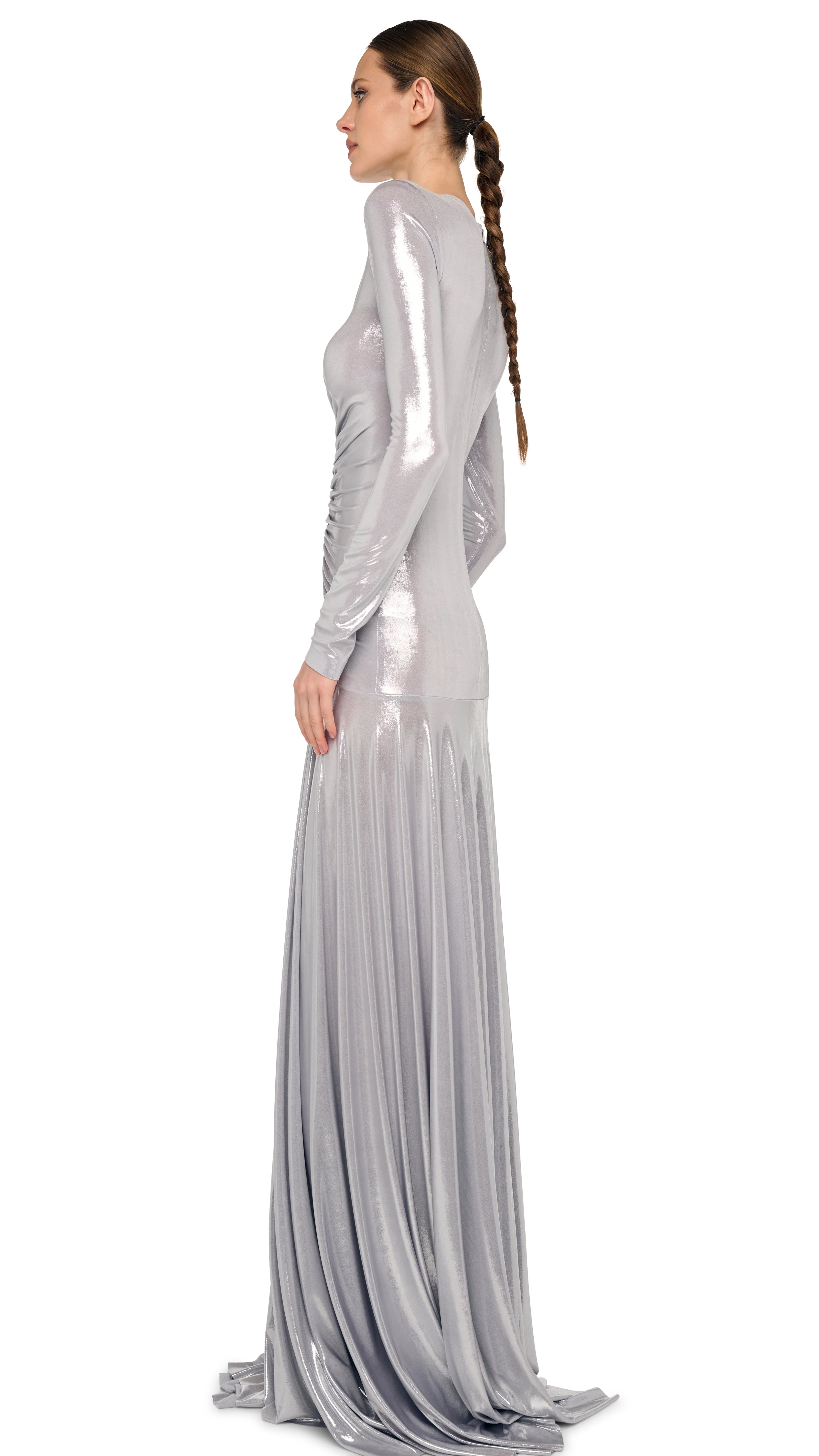 LONG SLEEVE V NECK SHIRRED FLARED GOWN - Image 2