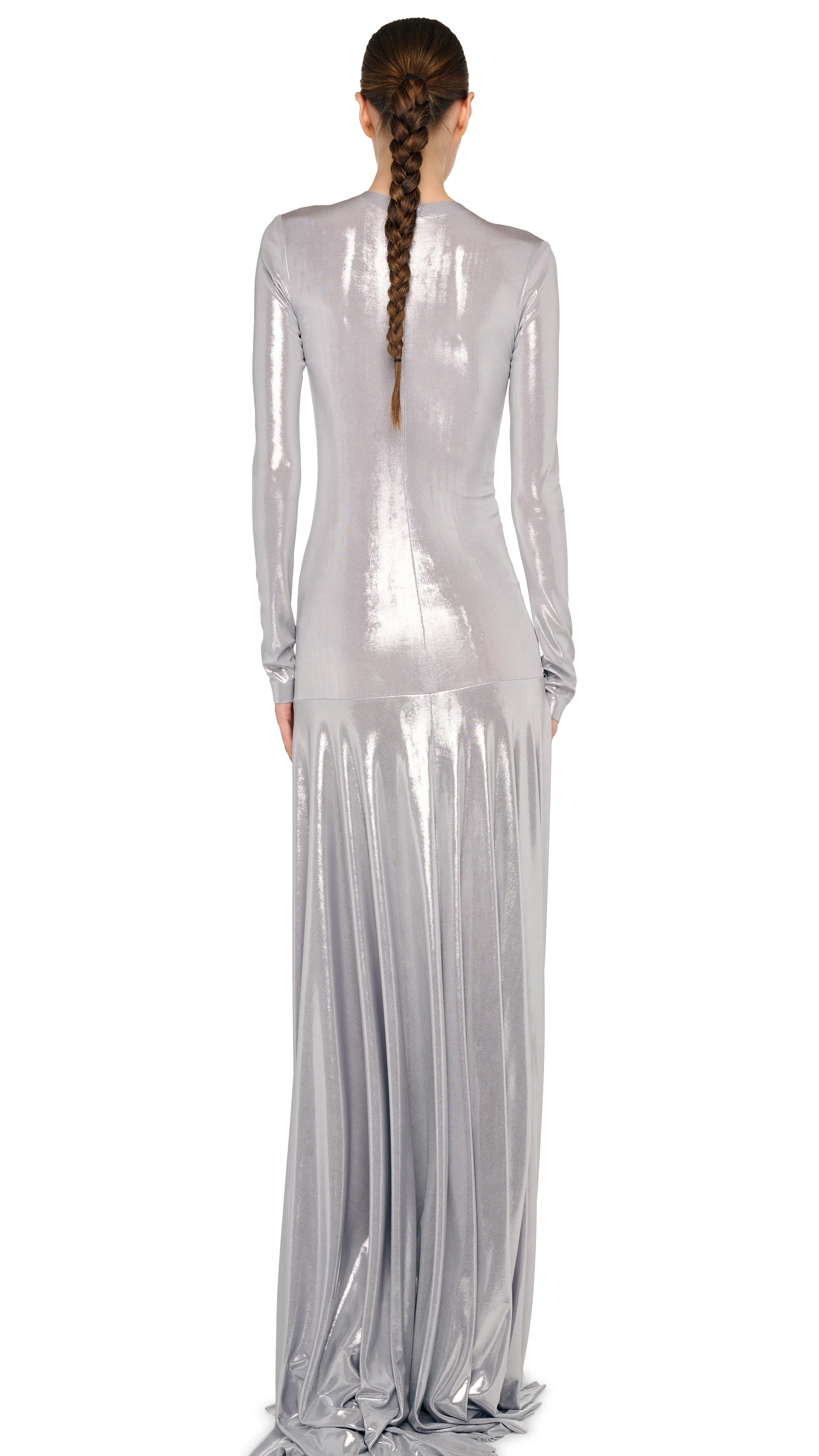 LONG SLEEVE V NECK SHIRRED FLARED GOWN - Image 3
