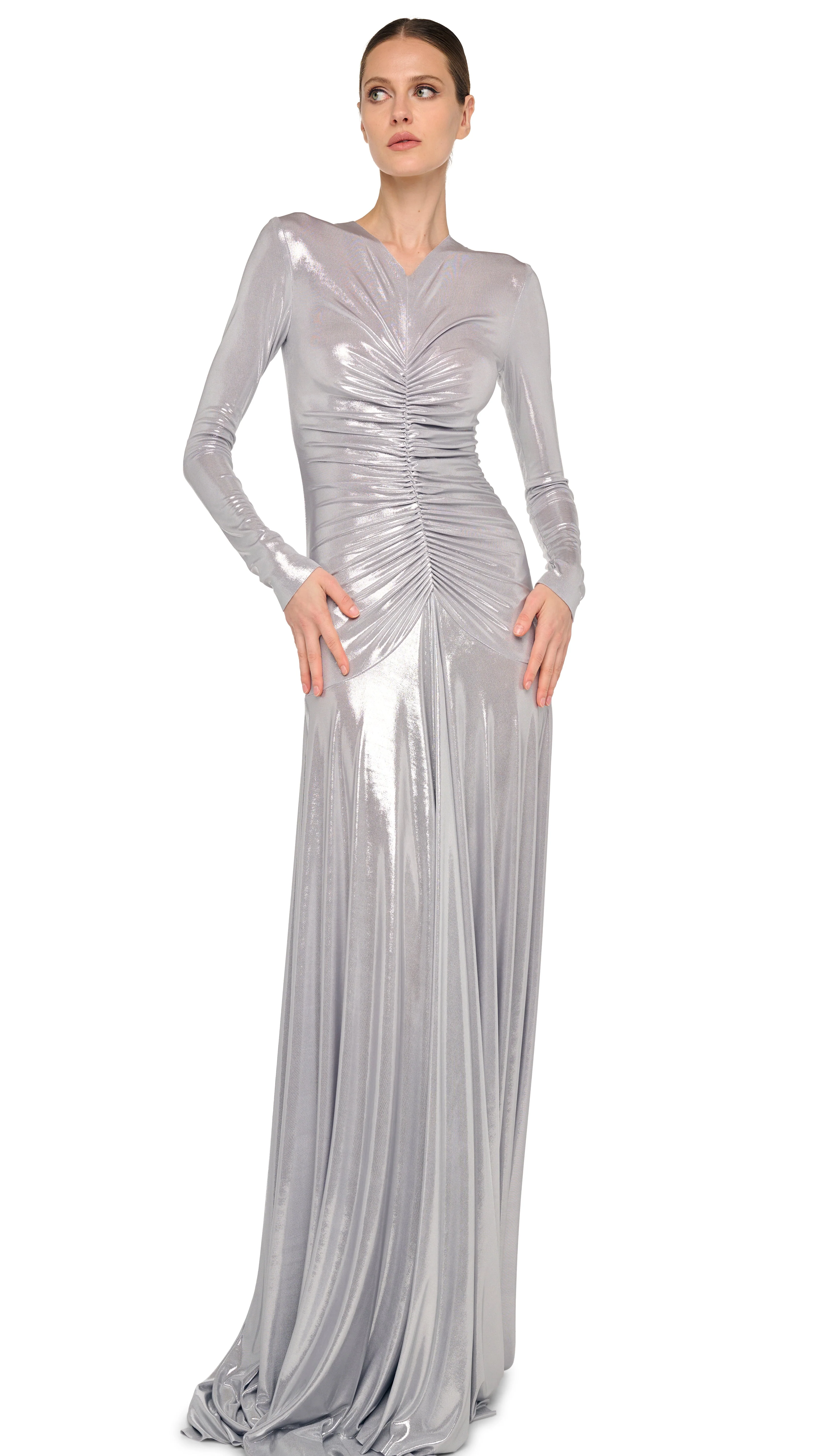 LONG SLEEVE V NECK SHIRRED FLARED GOWN - Image 4