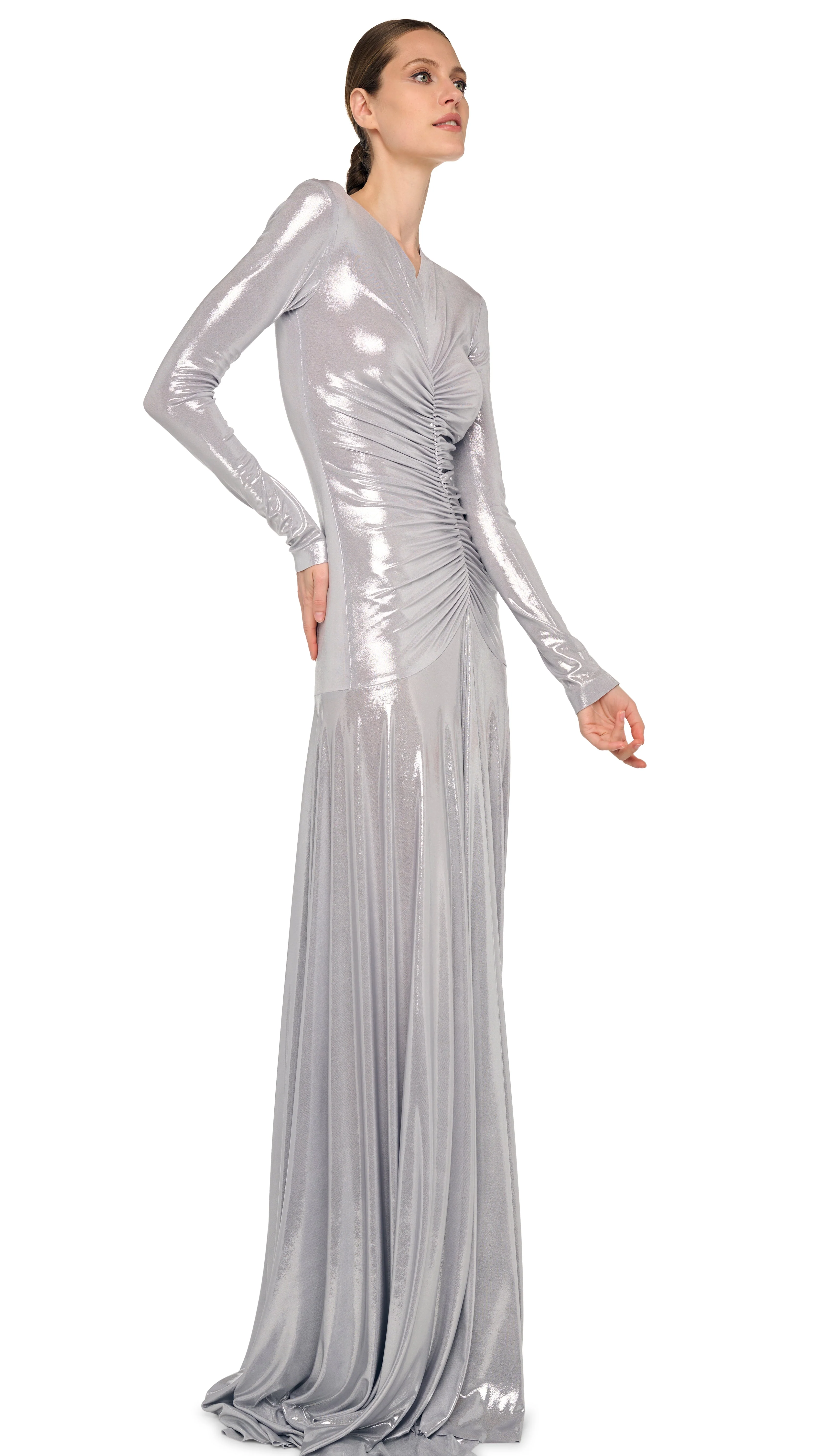 LONG SLEEVE V NECK SHIRRED FLARED GOWN - Image 5