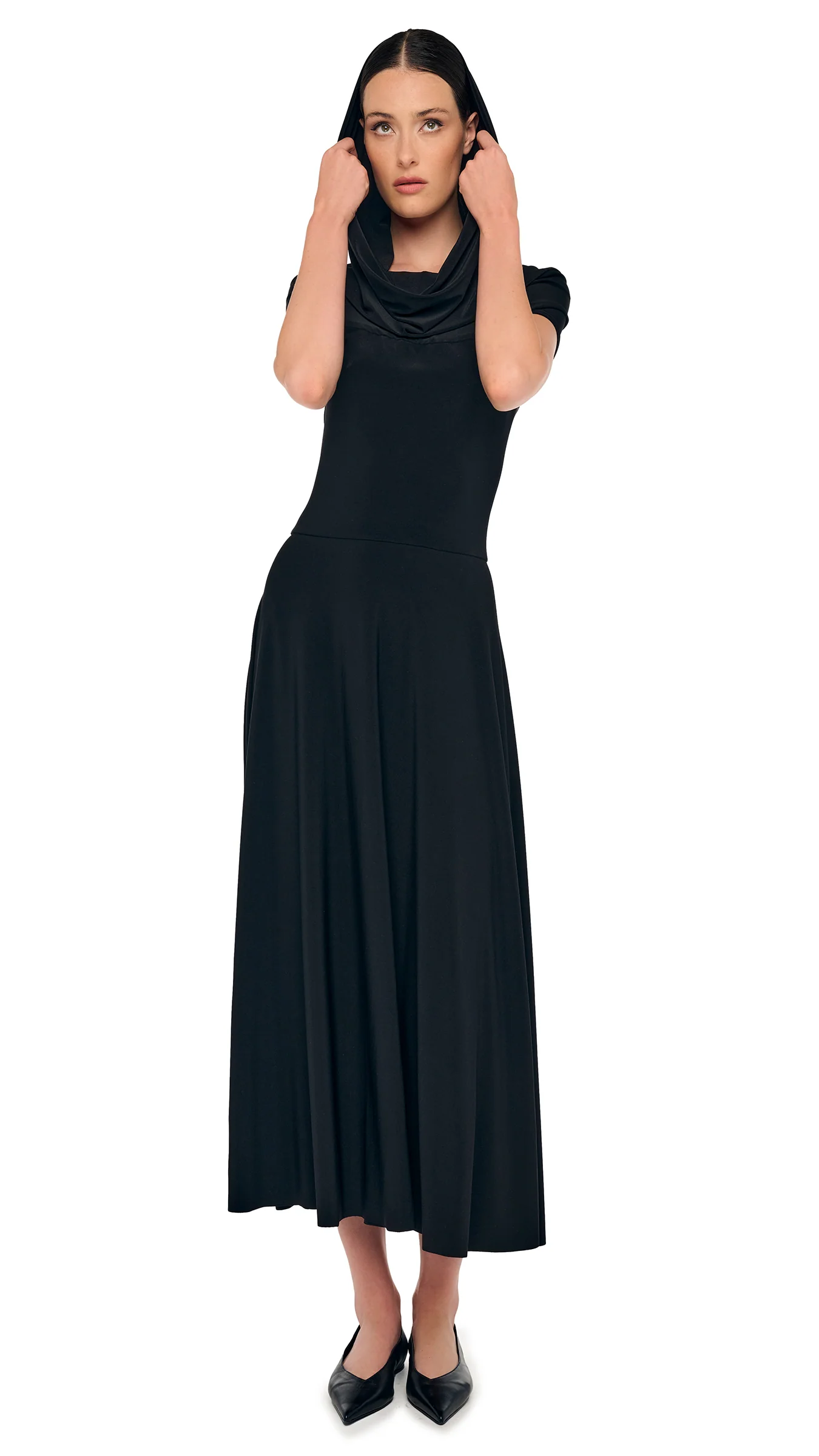 COWL HOODED FLARED DRESS
